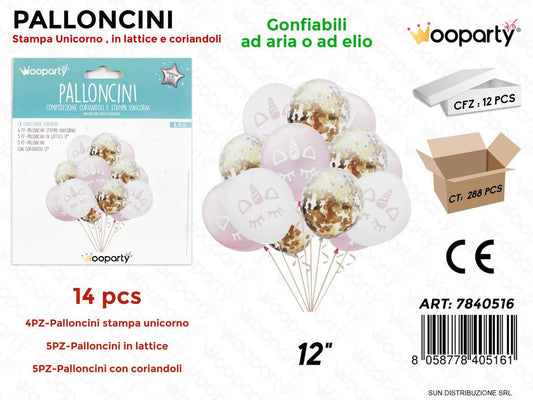 Palloncini Comp. c/ Coriand. e Unicorn 14PCS