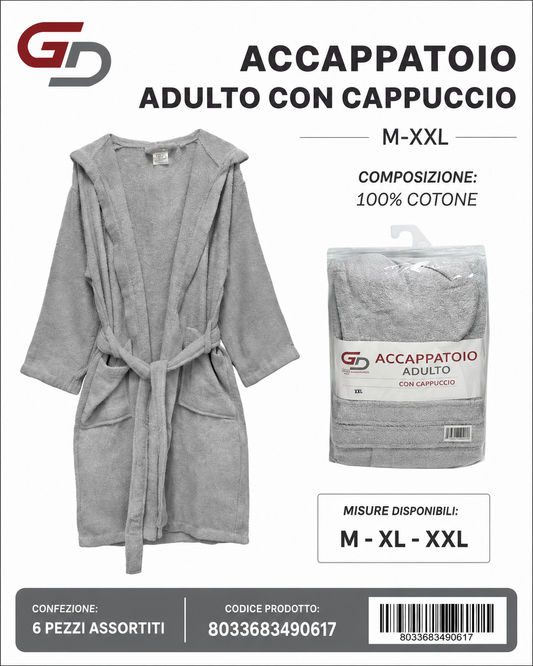 Accappatoi Da Bagno Grey 1M-2L-2Xl-1Xxl 100%Cotone