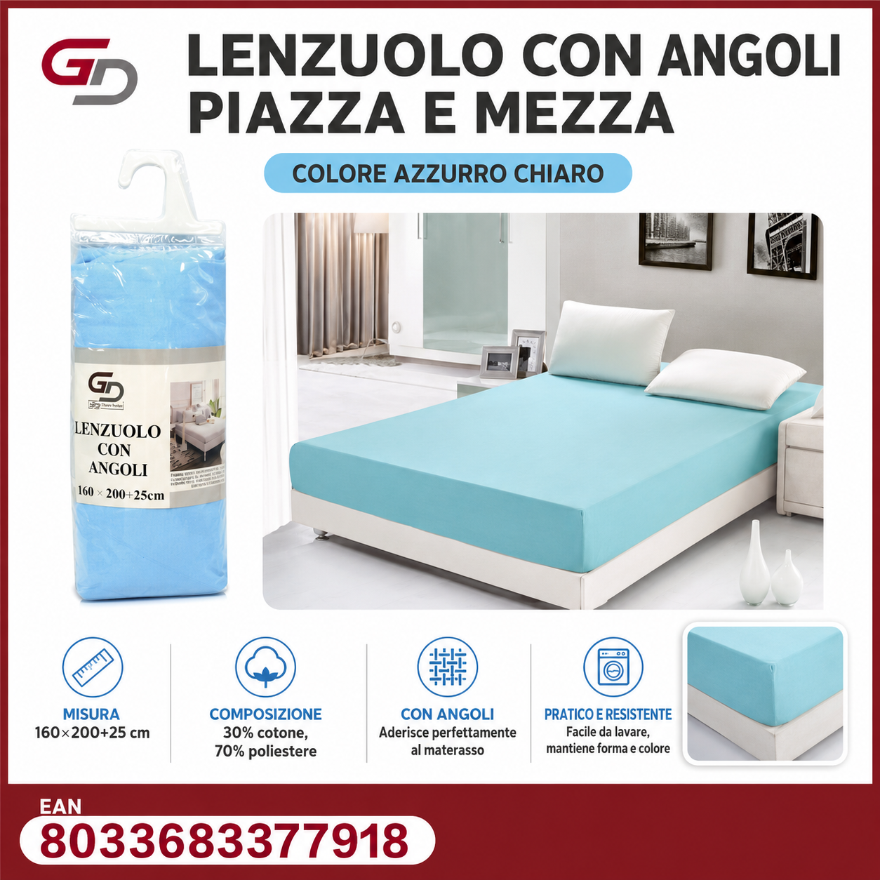 Lenzuolo Sotto Con Angoli 1 Piazza E Mezza 160*200Cm+25Cm