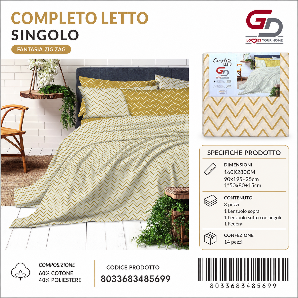 Completo Letto Singolo 160X280/90X195+25/1*50X805 Mz-298-Ltm Sheetset 60 Cotone 40 Poliestere
