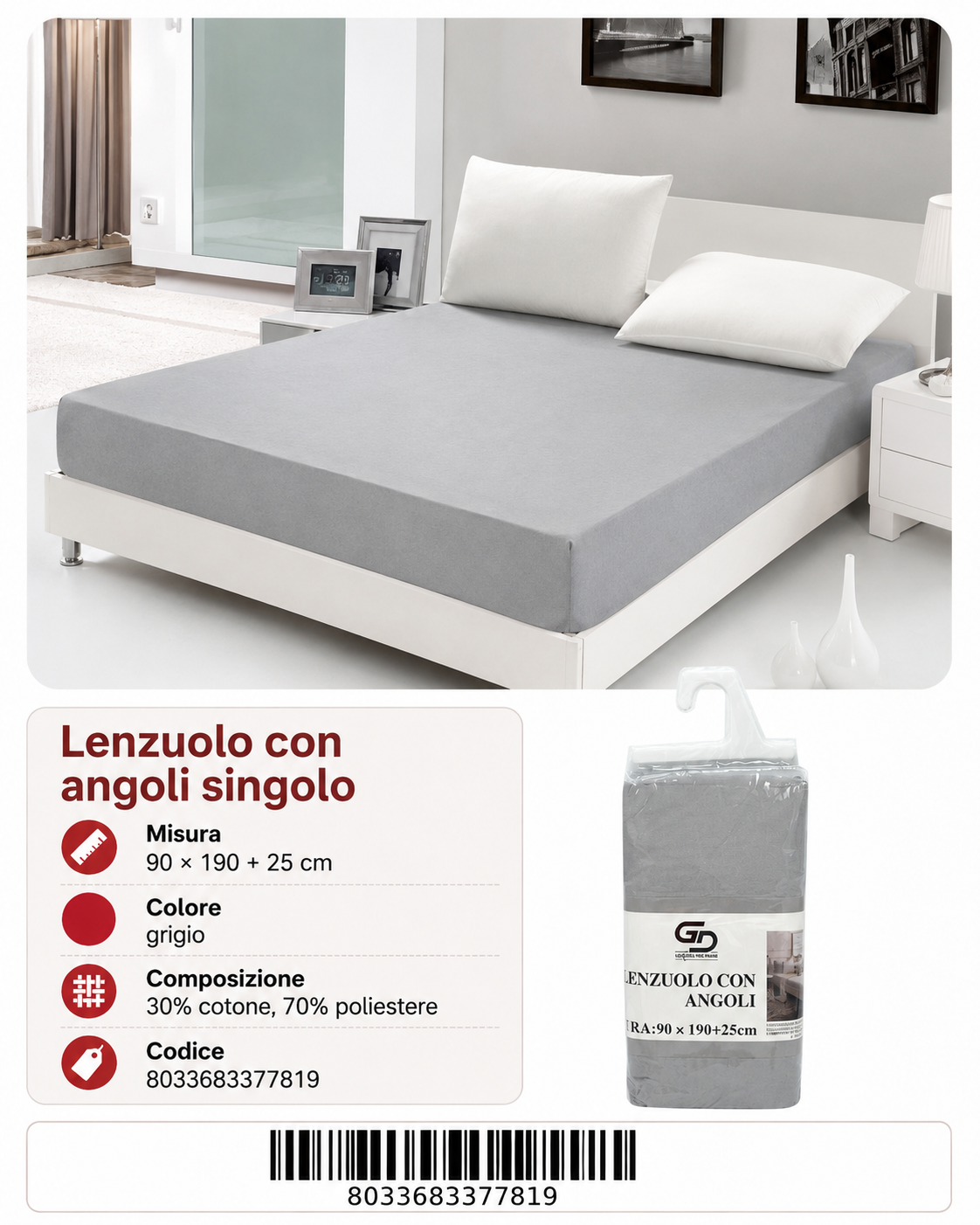 Lenzuolo Sotto Con Angoli Singola 90*190Cm+25Cm