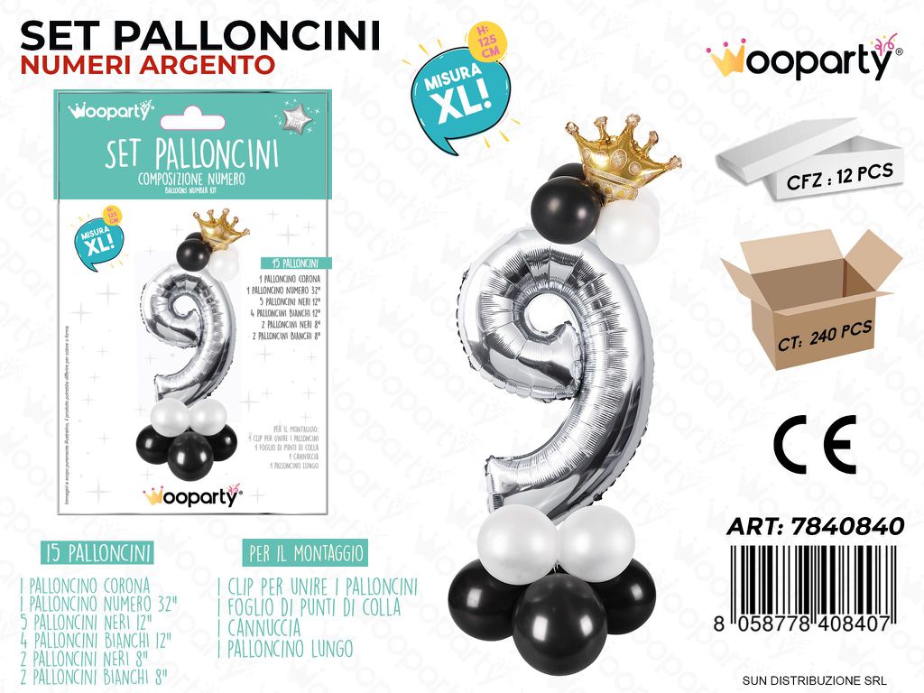 Set 15 Palloncini Argento c/ Corona Xl N.9