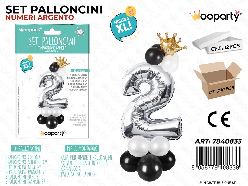 Set 15 Palloncini Argento c/ Corona Xl N.2