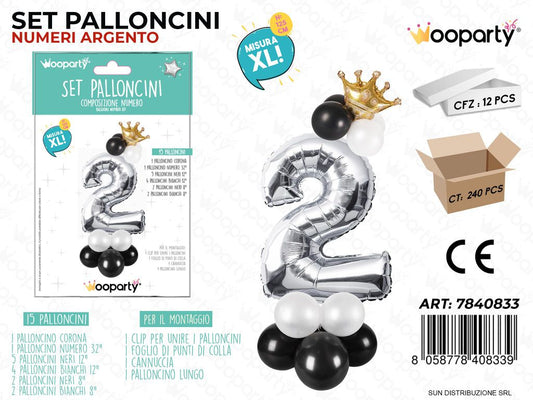 Set 15 Palloncini Argento c/ Corona Xl N.2