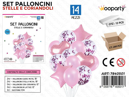 Set Palloncini Rosa Stella-cuori 14PCS