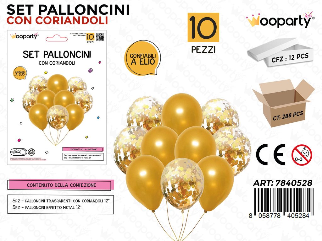 Kit Palloncini c/ Coriandoli Oro Metal 10PCS
