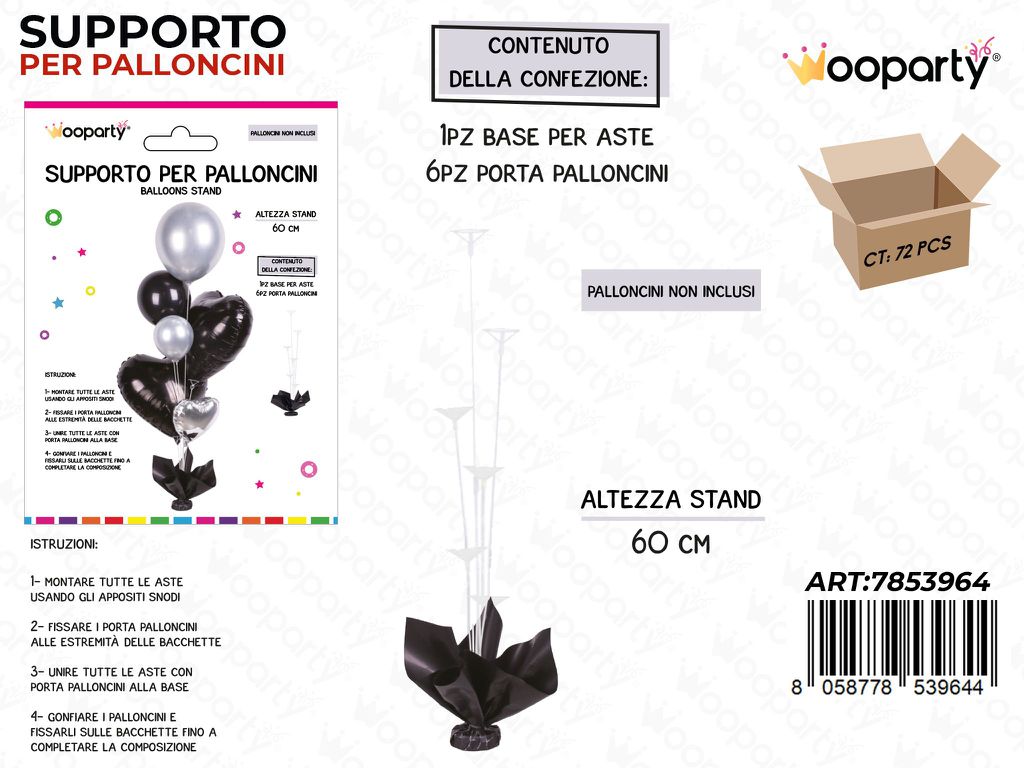 Wooparty Supporto Palloncini Nero 60CM