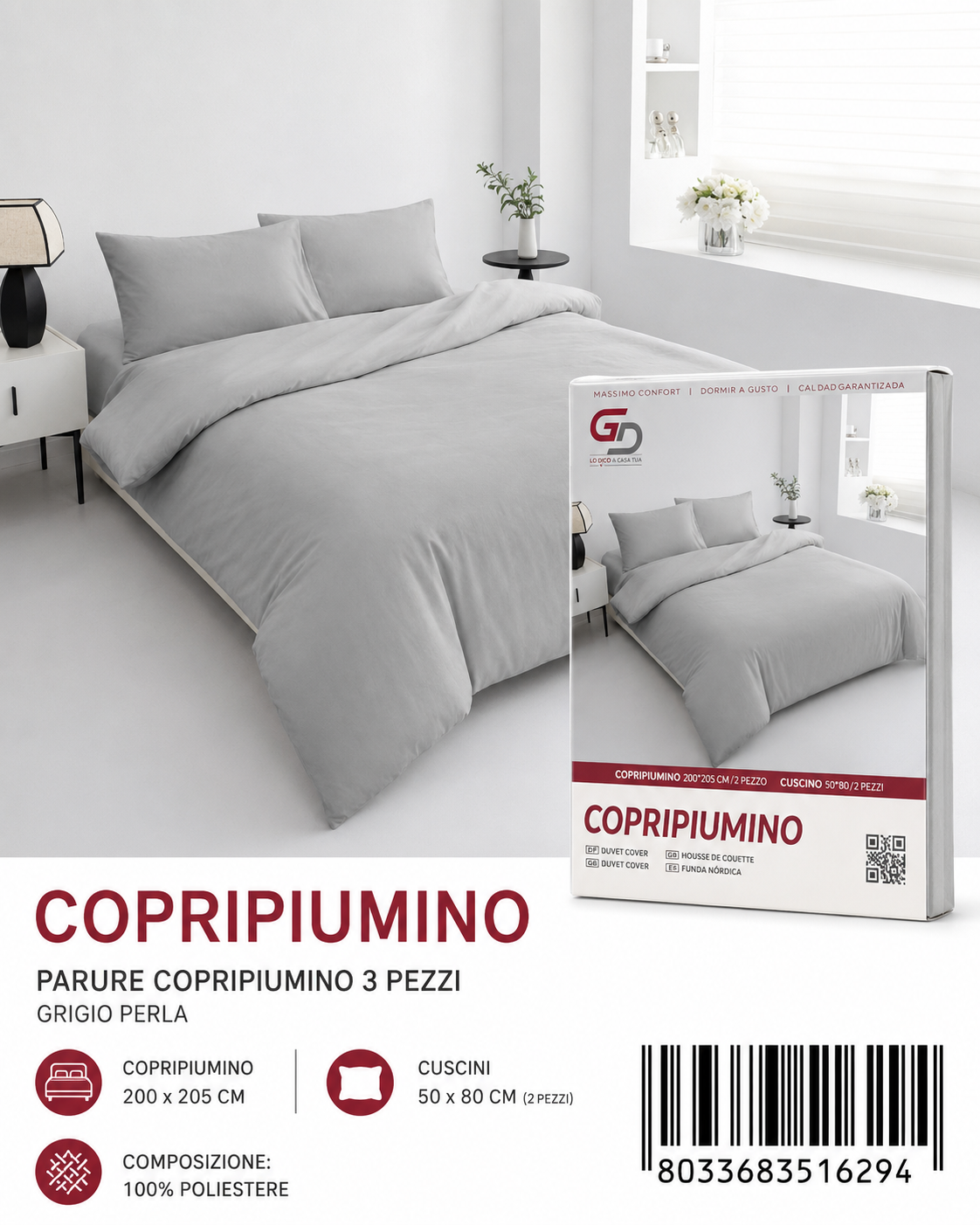 Parure Copripiumino Copripiumino+2 Federe Cuscino 200*205Cm 50*80+20Cm