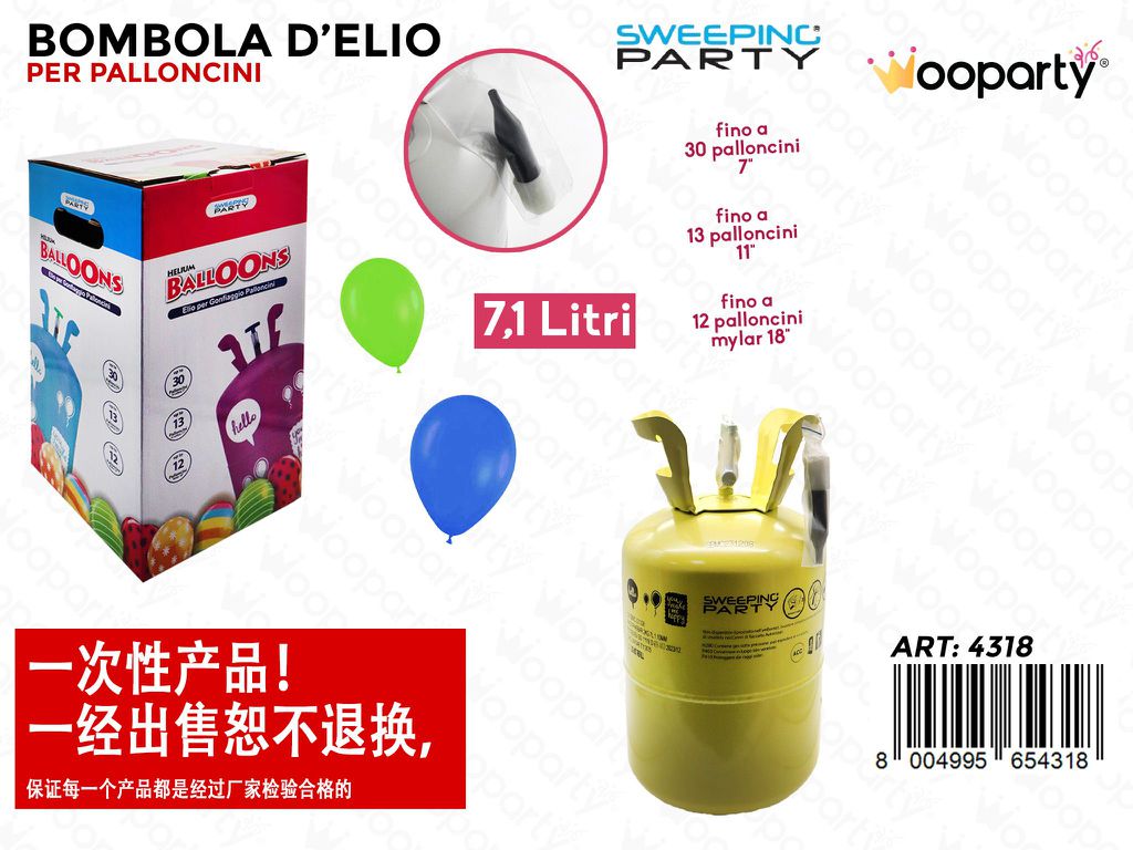 Bombola Elio per 30 Palloncini 7 7.1LT