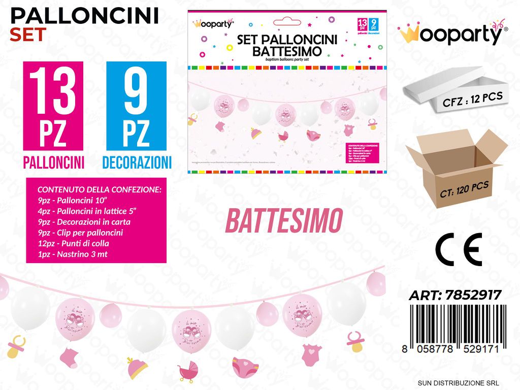 Set Palloncini c/ Dec. Battesimo Rosa 22PCS Ass. / Pz da 12