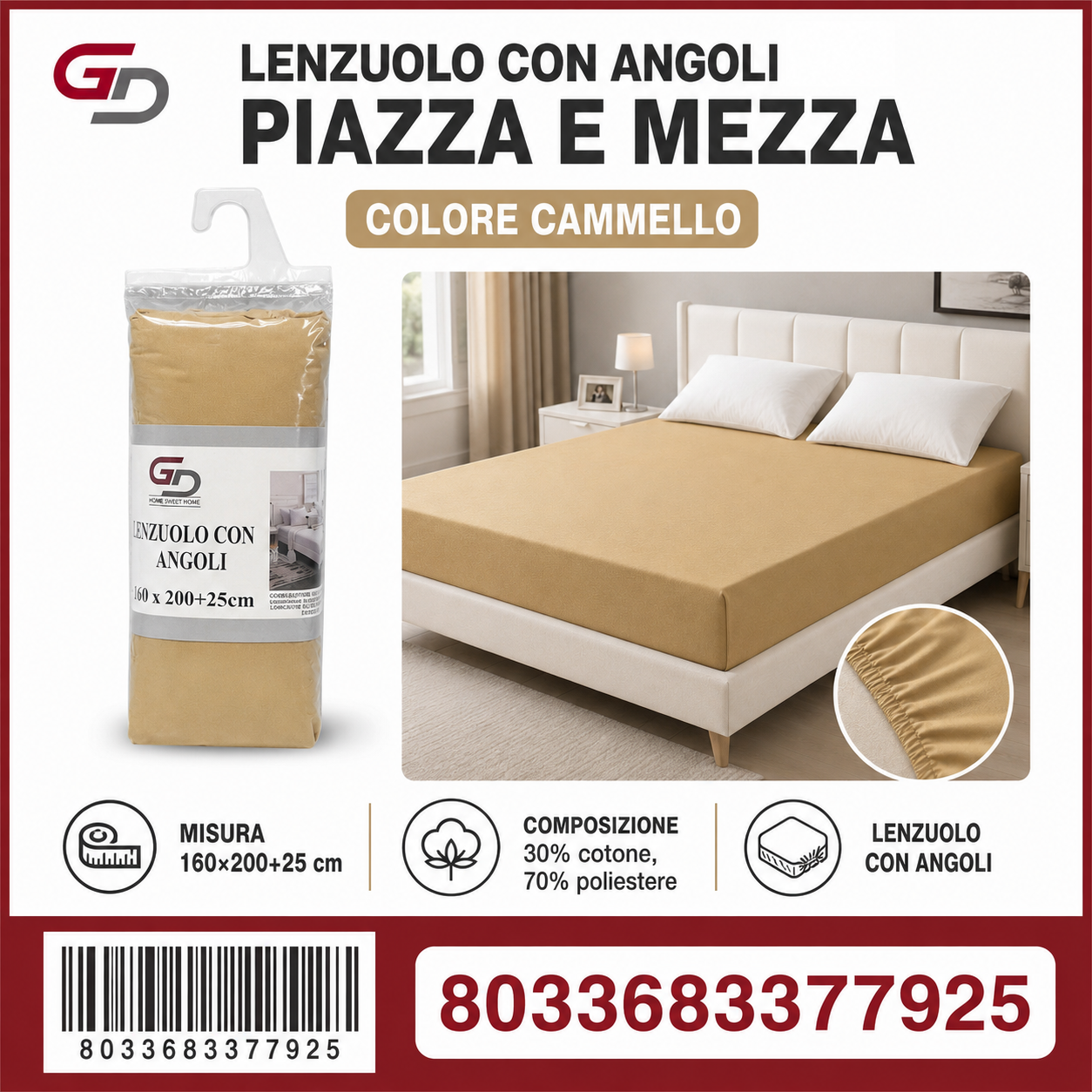 Lenzuolo Sotto Con Angoli 1 Piazza E Mezza 160*200Cm+25Cm